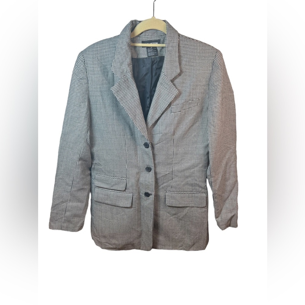 Halston Herringbone Wool Blazer Coat Black White